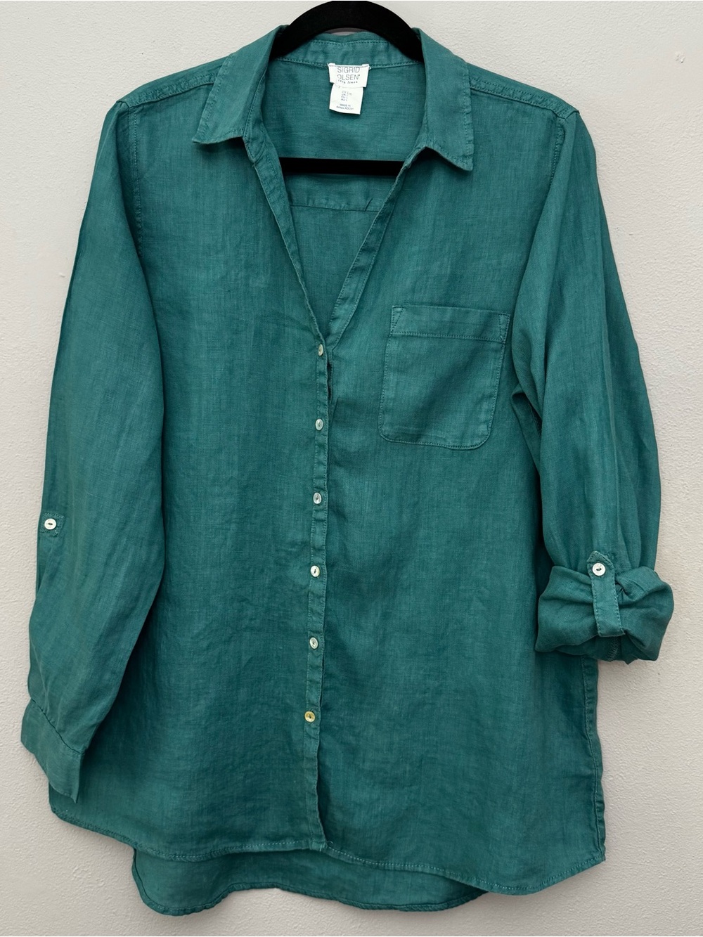 Sigrid Olsen 100% Linen Roll-Tab Sleeve Button-Down Tunic Shirt Teal Green L - Picture 4 of 7